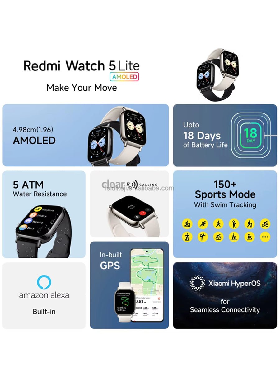 Original Redmi Watch 5 Lite 1.96" AMOLED 470mAh 5ATM Waterproof 24H Heart Rate Monitoring BT5.3 GPS Blood Oxygen for Smart Watch - ARRA SPORT