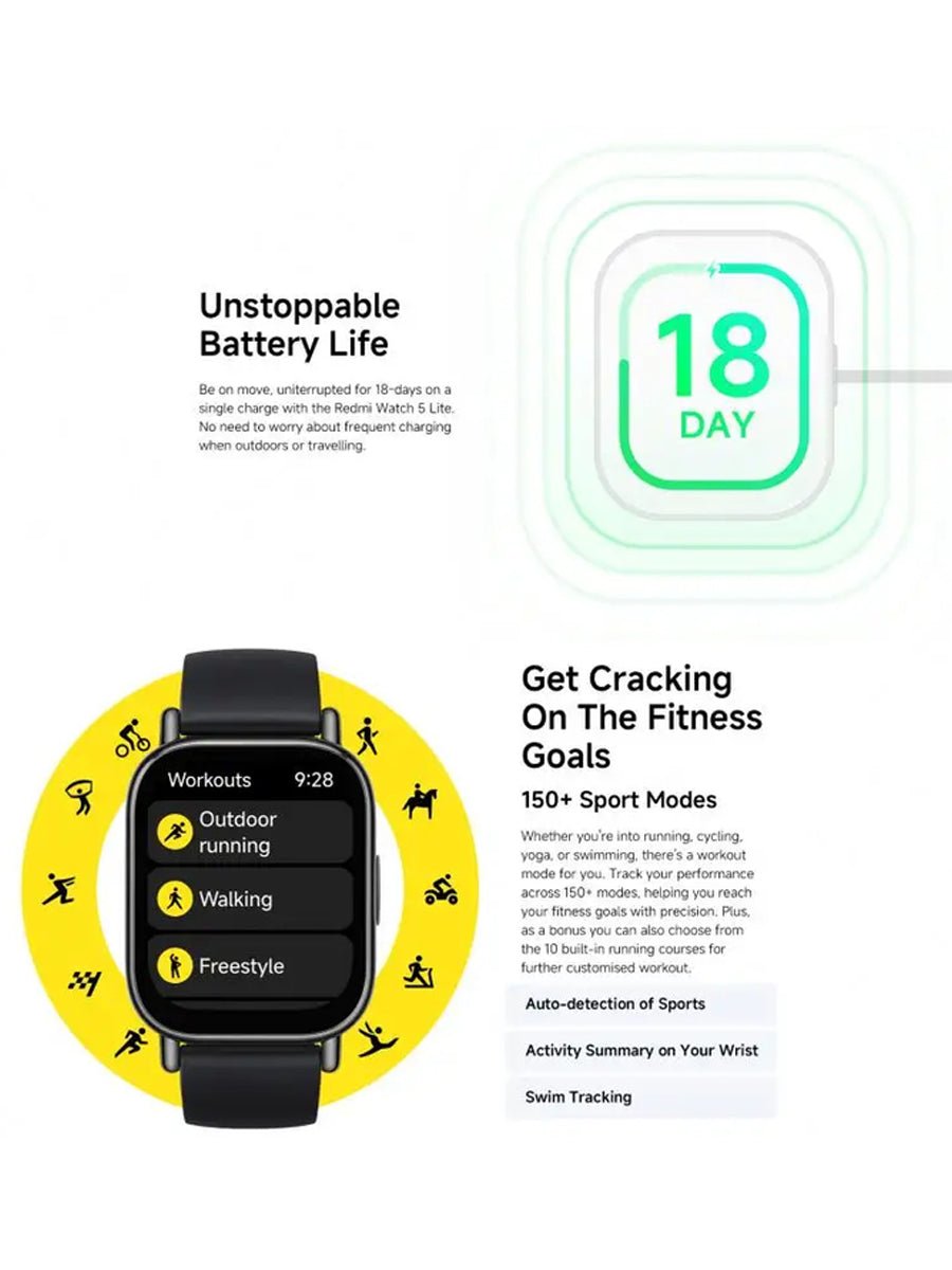 Original Redmi Watch 5 Lite 1.96" AMOLED 470mAh 5ATM Waterproof 24H Heart Rate Monitoring BT5.3 GPS Blood Oxygen for Smart Watch - ARRA SPORT