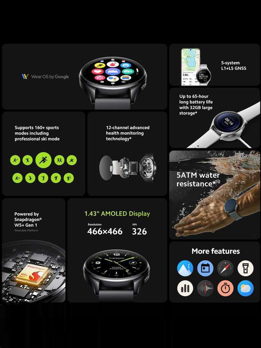 Original Xiaomi Mi Watch 2 Smartwatch 2+32GB 1.43" AMOLED Snapdragon W5+Gen1 BT5.2 Google Wear OS Health Monitor 5ATM 495mAh - ARRA SPORT