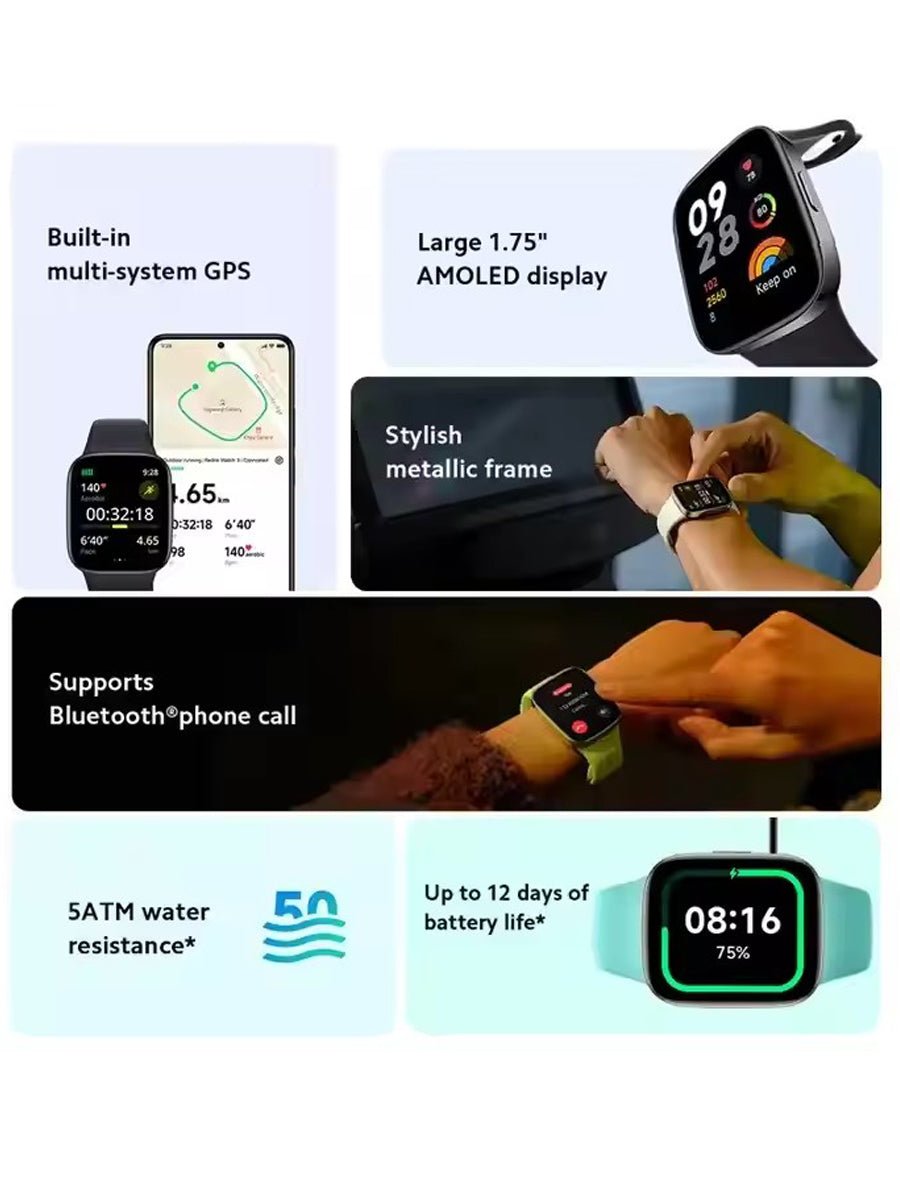 Xiaomi Redmi Watch 3 Smart Watch 1.75" AMOLED 60Hz Blood Oxygen Heart Rate Monitor 12 Days Battery Life GPS Smartwatch 5ATM - ARRA SPORT